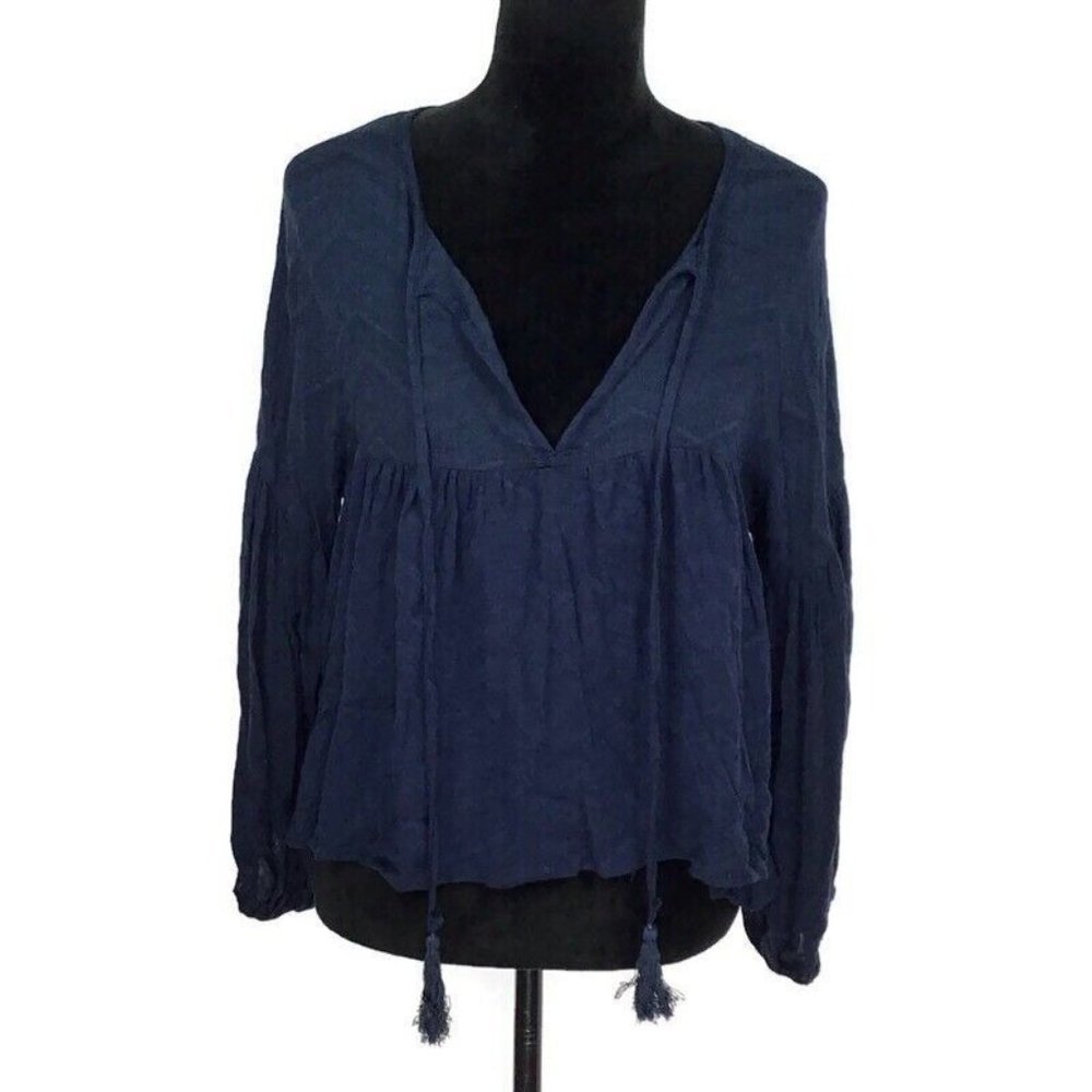 We My People Nordstrom Blouse Long Sleeve Babydoll Peasant Blue Top NEW Medium M
